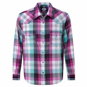 Prior Western Pearl Snap Shirt Plaid Pink Teal USA Made Mens 16-34
